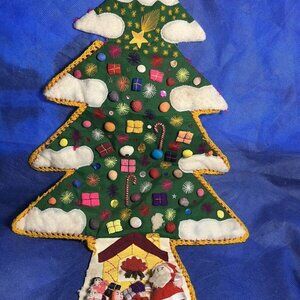 Vintage Handmade in Peru Christmas Tree Appliqued Patchwork Santa 22”